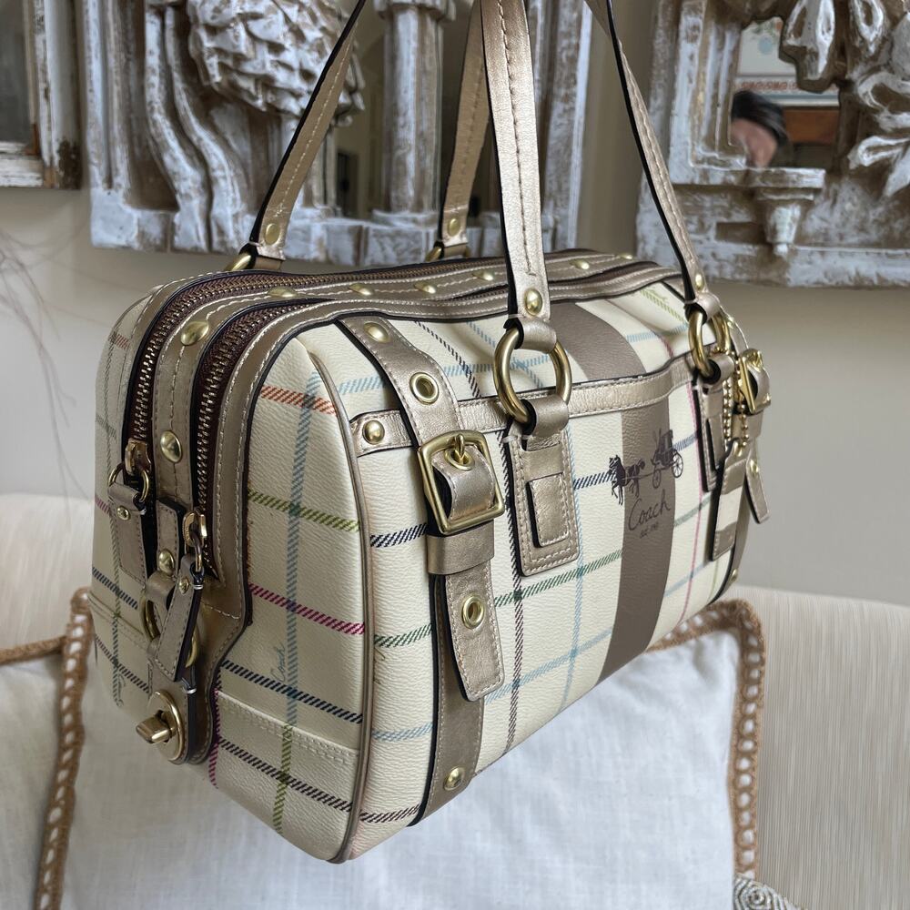 Rare Coach Heritage Stripe Tattersall Gold XL Satchel 13040 Plaid, Metallic NWOT - Picture 7 of 10